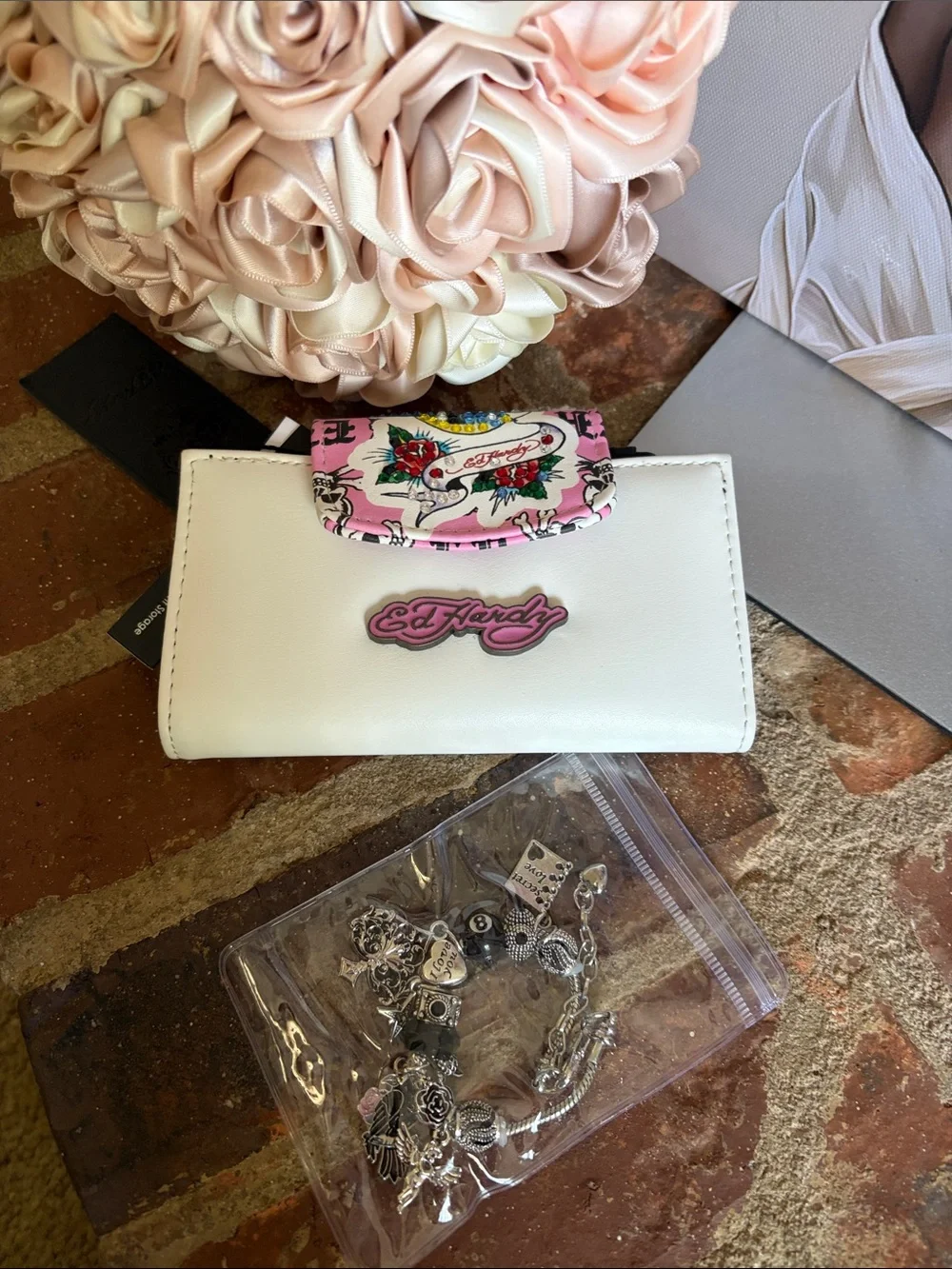 Ed Hardy White Wallet with Pink Floral Accent w/ Unbranded silver charm bracelet